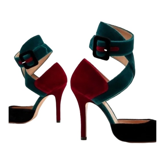 ZARA Teal Burgundy Color Block Ankle Strap Velvet Pointed Toe Heel Size 8 - Picture 5 of 7